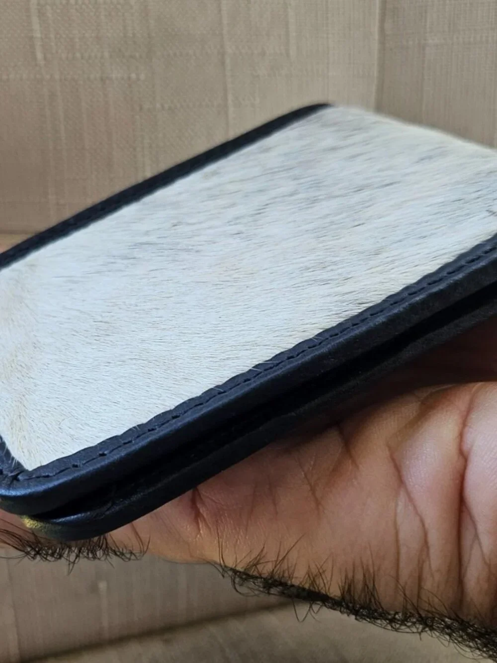 Handmade Billfold Real Fur White/Black Genuine Leather Cardholder Wallet Purse